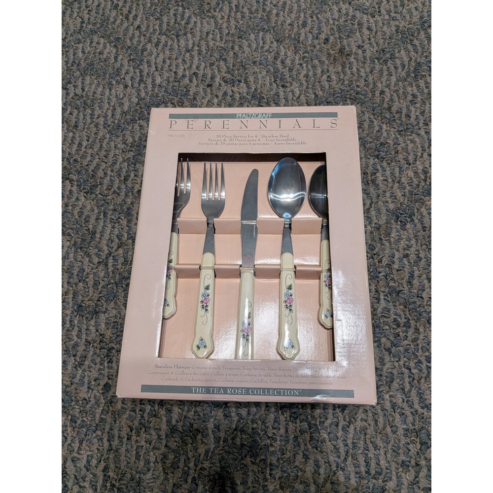 Pfaltzgraff Tea Rose Flatware Set 20 Piece Service for 4 Stainless Steel New